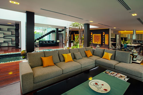 Lounge area, indoor pond, kitchen and elevator
